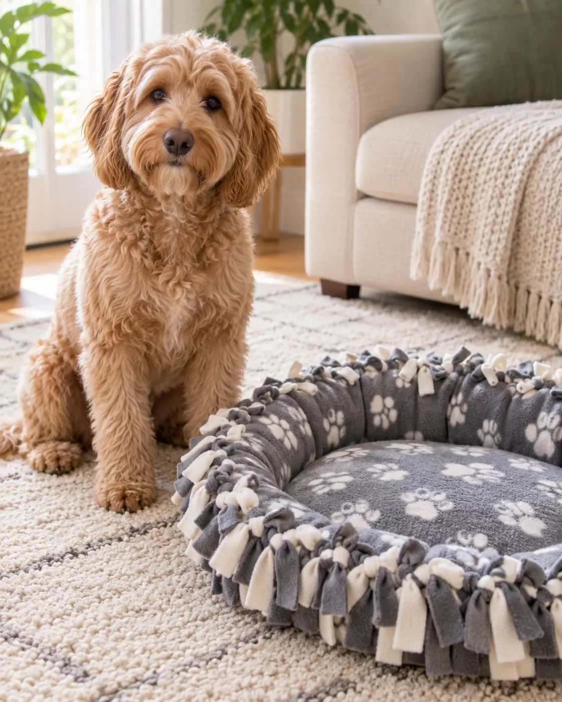 a medium dog with a soft shaggy wavy-to-curly golden coat floppy ears and a rounded teddy-bear face sitting beside a freshly made no-sew fleece bed on a cream rug strips of tied fleece visible on the bed edges bright natural light from a window