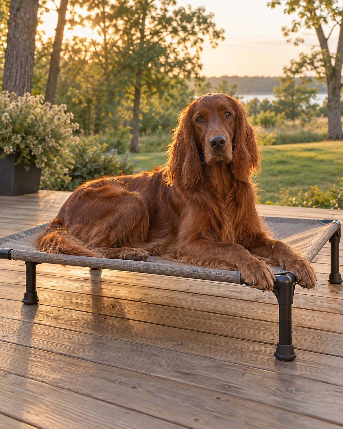 a large lean dog with a solid deep mahogany-red long silky feathered coat and long floppy ears lying on a sturdy outdoor-rated elevated bed on a wooden patio deck trees and grass visible in the soft background golden hour light