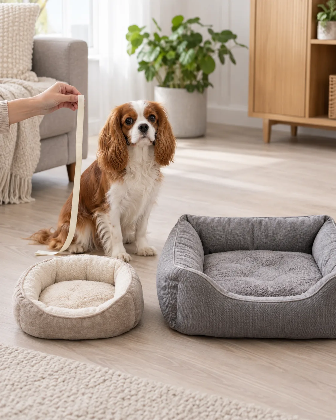 a small dog with a chestnut-and-white silky medium coat long feathered floppy ears and a gentle round-eyed face sitting beside two different-sized dog beds on a light floor with a hand holding a soft measuring tape near the dogs back bright well-lit room