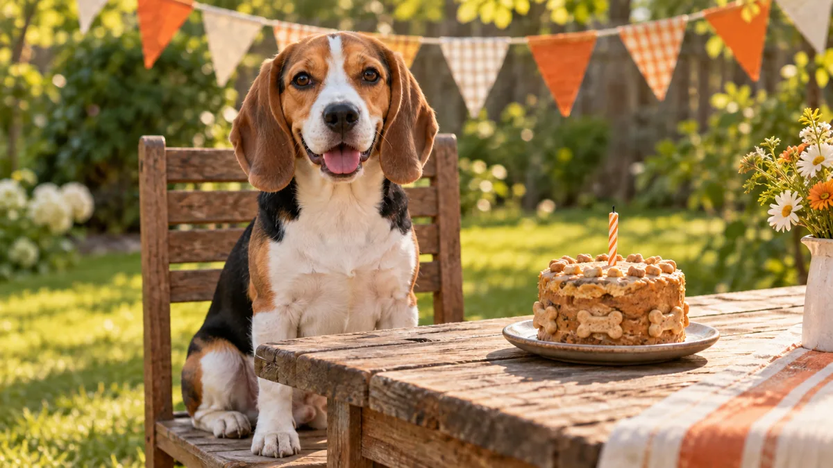 a small sturdy tricolor black white and tan short-coated hound with long low-set floppy ears sitting at a rustic wooden table in a sunny backyard a small dog-safe cake with a single unlit candle on the table fabric bunting in warm orange and cream behind golden afternoon light