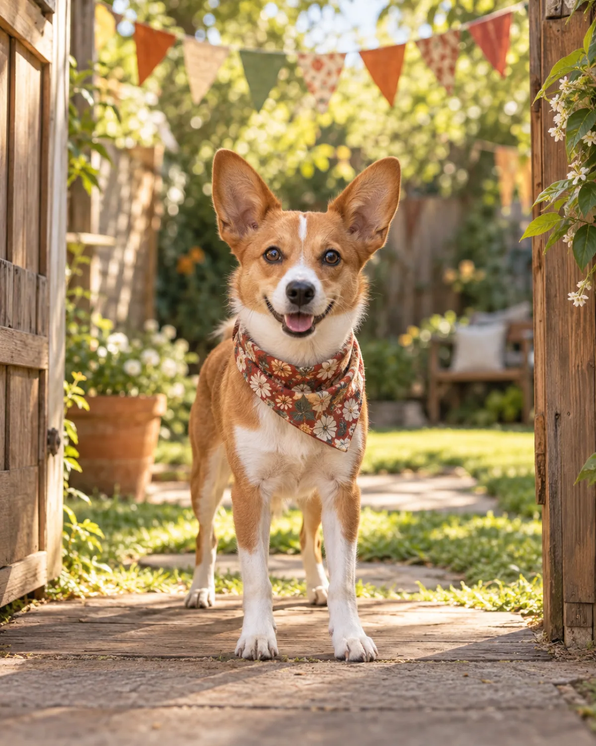 a small compact dog with a red-and-white coat oversized erect ears and a foxy face wearing a patterned bandana standing at a decorated backyard entrance with colorful fabric triangle pennant flags in warm earth tones dappled afternoon sunlight through tree canopy