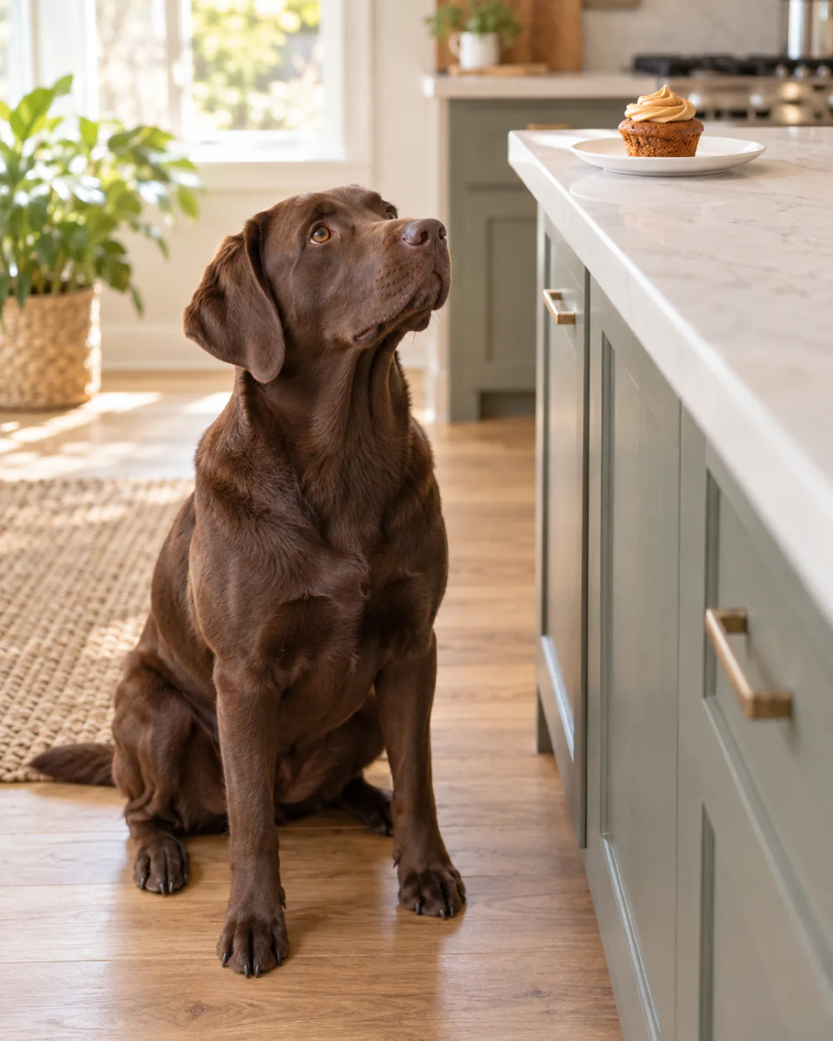 a large solid chocolate-brown short-coated dog with floppy ears sitting on a light hardwood kitchen floor looking up at a simple homemade pupcake on a white plate on the kitchen counter above the pupcake topped with a small peanut butter swirl bright natural window light