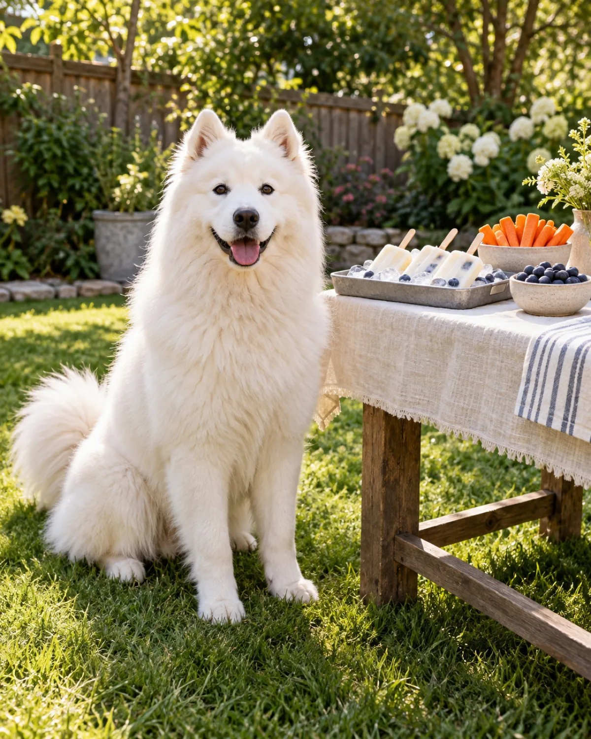 a large dog with a thick stand-off pure-white double coat erect ears an upturned smiling mouth and a curled tail sitting next to an outdoor wooden table set up as a dog-safe snack bar with frozen yogurt popsicle sticks in a tray carrot sticks in a bowl and blueberries in a small dish sunny backyard