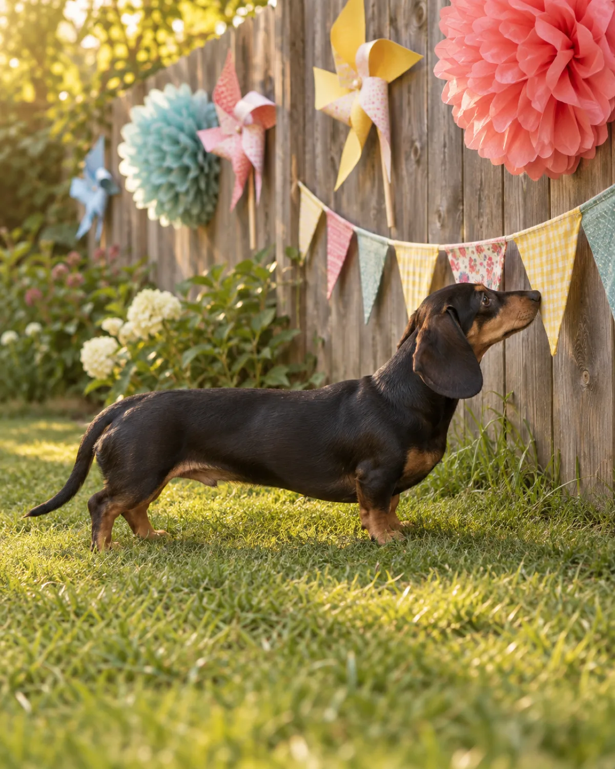 a small dog with a very long low body and very short legs a smooth black-and-tan coat and long floppy ears sniffing fabric bunting decorations hung low across a backyard fence paper pinwheels and tissue paper pom-poms no balloons green grass soft golden hour light