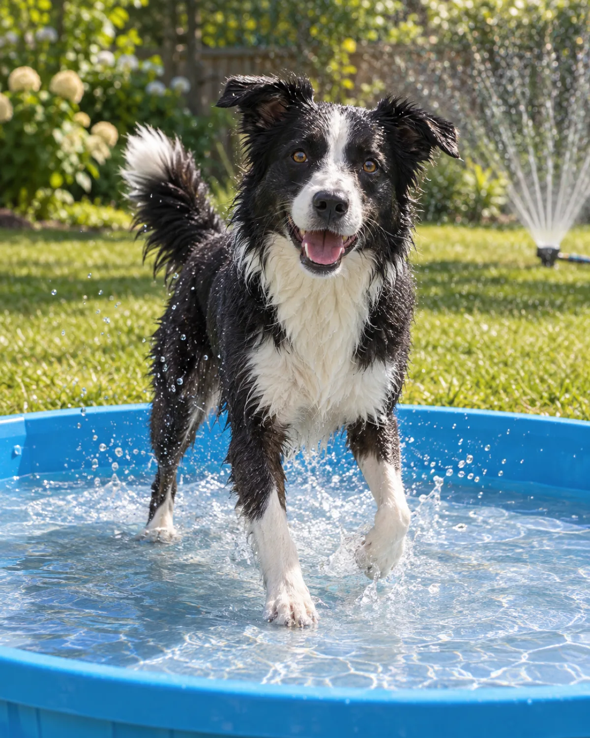 a medium athletic dog with a black-and-white coat white blaze collar and chest medium fur semi-erect ears and an intense gaze splashing through a shallow plastic kiddie pool in a sunny backyard water droplets catching sunlight a garden sprinkler running in the background bright summer light