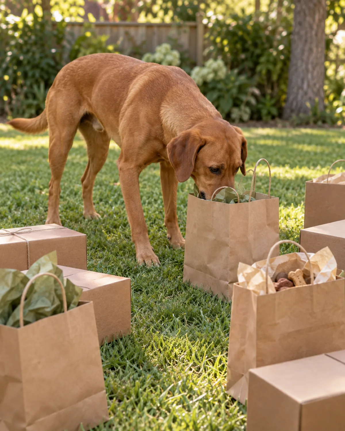 a medium-large sleek dog with a uniform rusty golden-brown short coat floppy ears and a lean athletic frame with nose down sniffing at a brown paper bag on a green lawn several similar paper bags and cardboard boxes arranged as a scent treasure hunt treats partially visible inside one open bag warm afternoon light