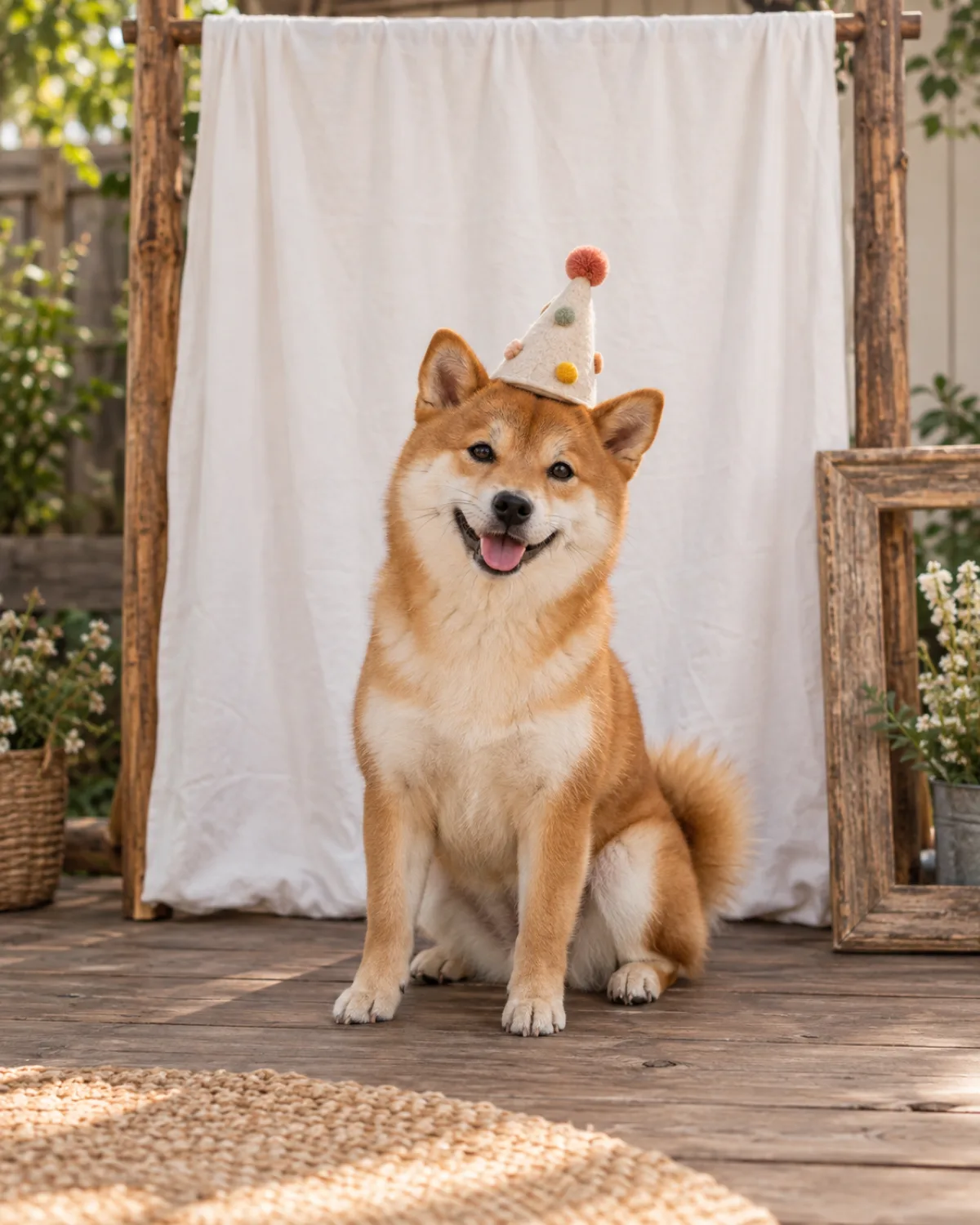 a small compact dog with a thick orange-red double coat and white underside erect ears a curled tail and a fox-like face sitting in front of a simple photo booth setup a white fabric backdrop hung from a wooden frame a small birthday party hat tilted on the dogs head a rustic wooden picture frame prop leaning to the side warm light