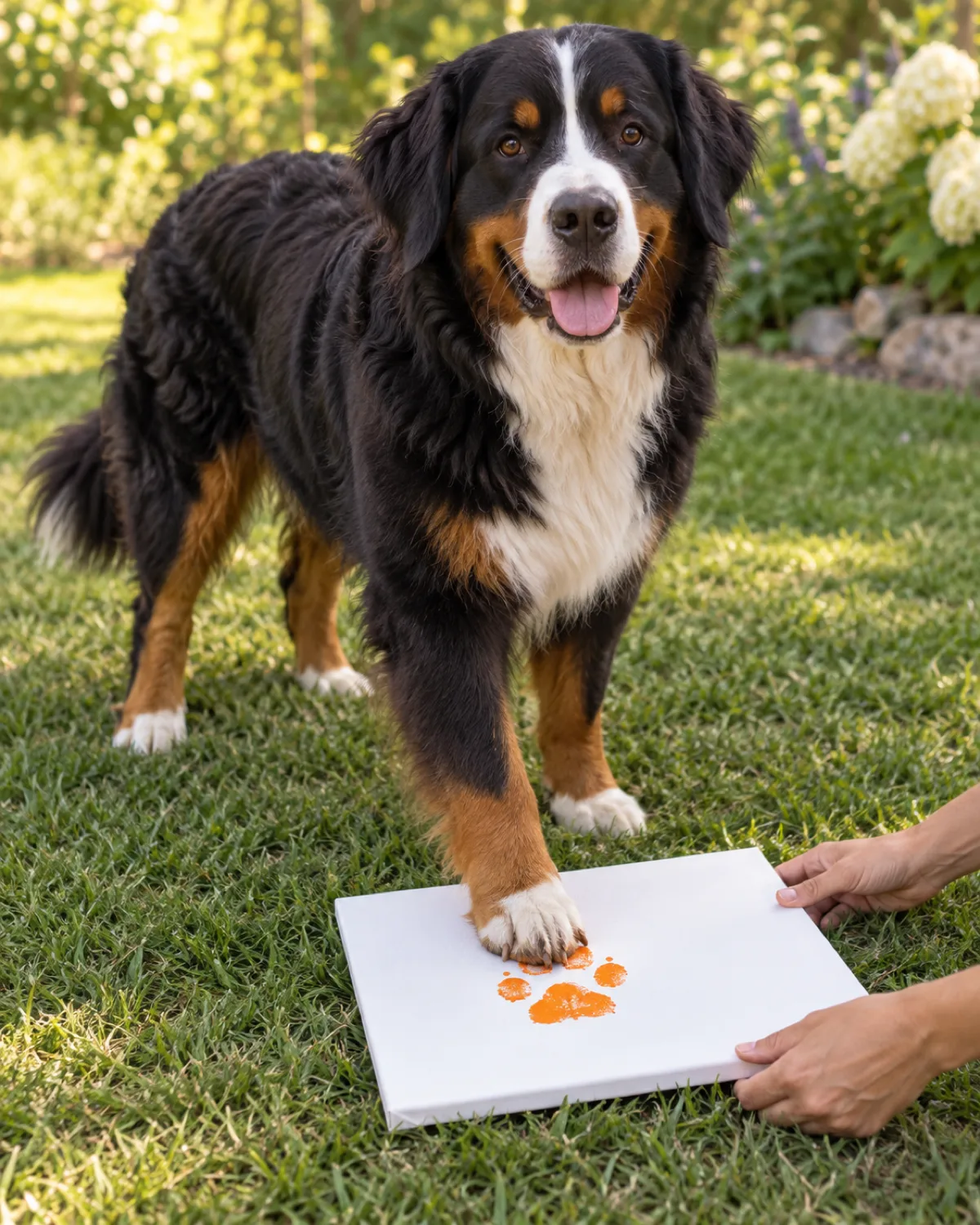 a large sturdy dog with a thick tricolor coat black body rust eyebrows and legs white chest blaze and floppy ears with one front paw gently pressed onto a white canvas on the ground the paw leaving a colorful non-toxic paint print in warm orange a pair of human hands holding the canvas steady from the side outdoor grass setting warm natural light