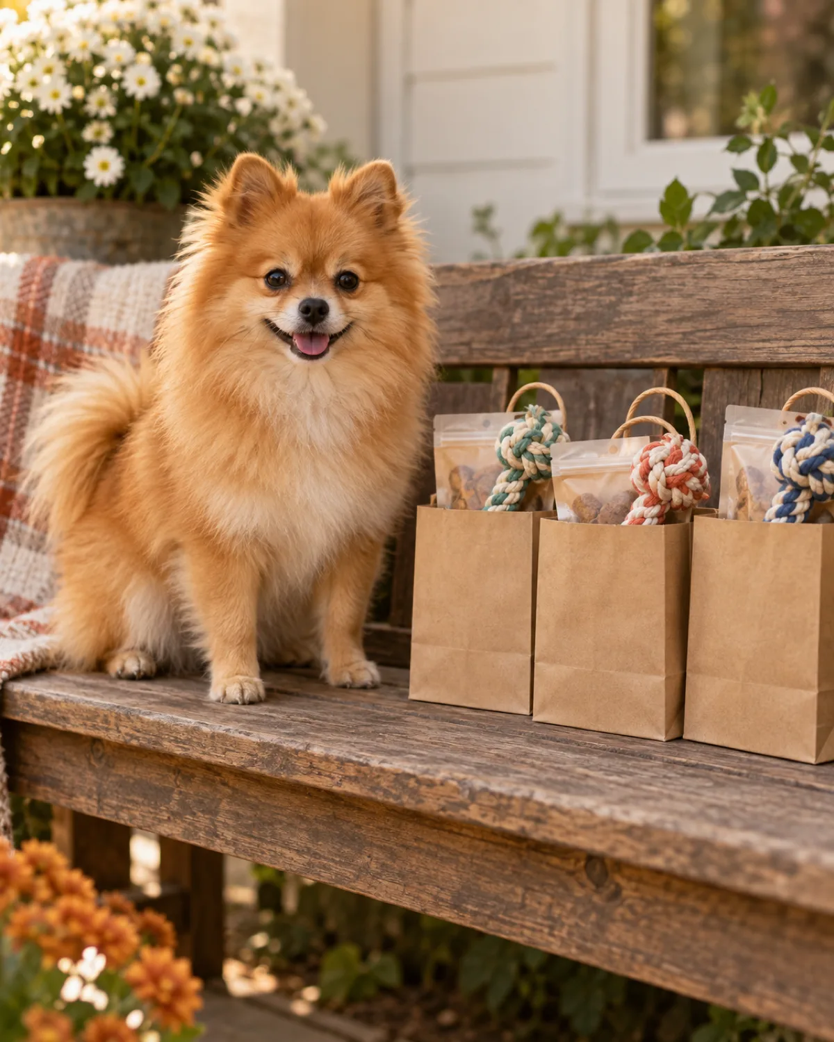 a tiny dog with a profuse fluffy orange double coat a foxy face small erect ears and a plumed tail curled over the back sitting next to a row of small kraft paper gift bags on a wooden bench each bag stuffed with a small rope toy and treat pouch visible at the top warm cream and orange tones soft natural light
