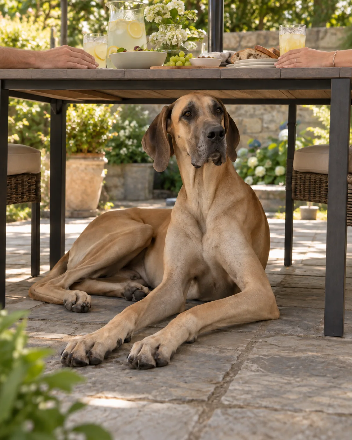 a very tall lean giant dog with a short fawn coat long legs and neck and floppy ears lying calmly under a patio table where human guests no faces visible only arms and hands are enjoying lemonade and light snacks a large patio umbrella providing shade warm afternoon light relaxed backyard atmosphere