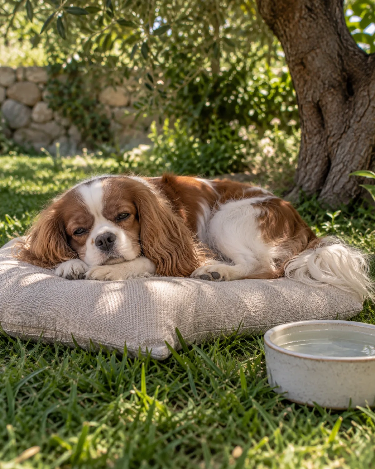 a small dog with a chestnut-and-white silky medium coat long feathered floppy ears and a gentle round-eyed face lying on a plush cushion in a quiet shaded corner of a backyard a ceramic water bowl nearby the dog resting with eyes half-closed dappled shade from a tree calm peaceful atmosphere warm natural light