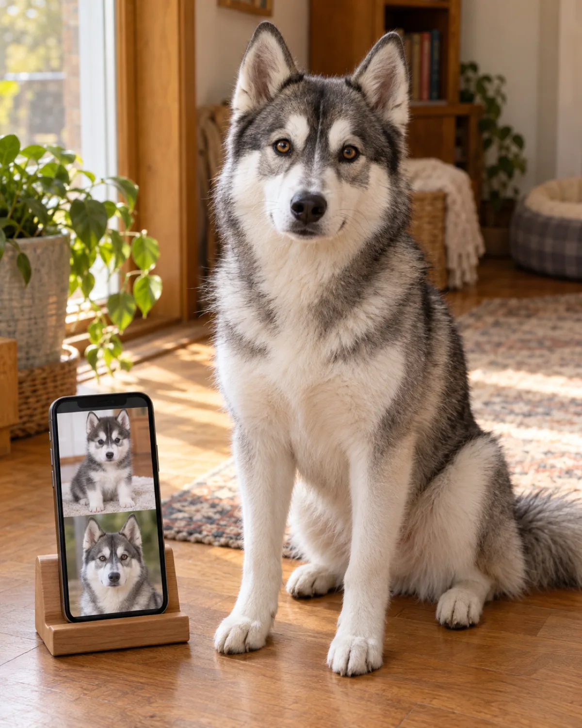 a medium athletic double-coated dog grey-and-white with a symmetric darker facial mask erect triangular ears and a bushy tail sitting next to a smartphone propped up on a small wooden stand showing a photo gallery warm indoor light near a window cozy atmosphere