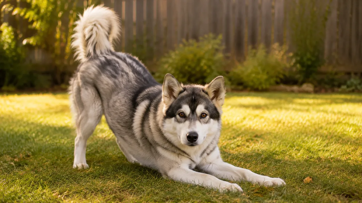 a medium athletic double-coated grey-and-white dog with a symmetric darker facial mask and erect triangular ears in a play bow on a grassy backyard late afternoon golden light from left blurred garden fence dog looking at camera with alert soft expression