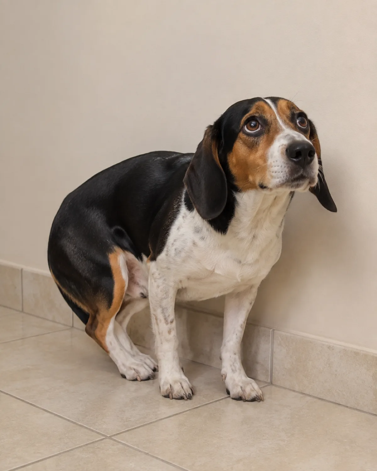 a small sturdy tricolor black white and tan short-coated hound with long low-set floppy ears cowering with tail tucked tight between legs on a pale tile floor soft overhead light cream wall dog looking up with wide uncertain eyes