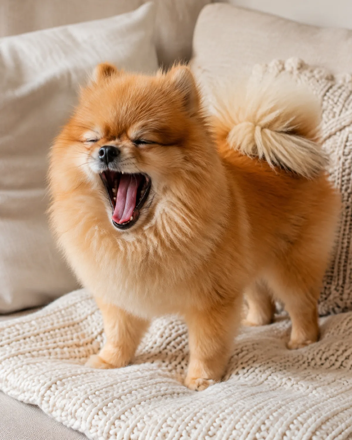 a tiny dog with a profuse fluffy orange double coat a foxy face small erect ears and a plumed tail yawning wide on a cream knit blanket on sofa soft natural sidelight pale cushions dog mid-yawn with eyes squinted closed