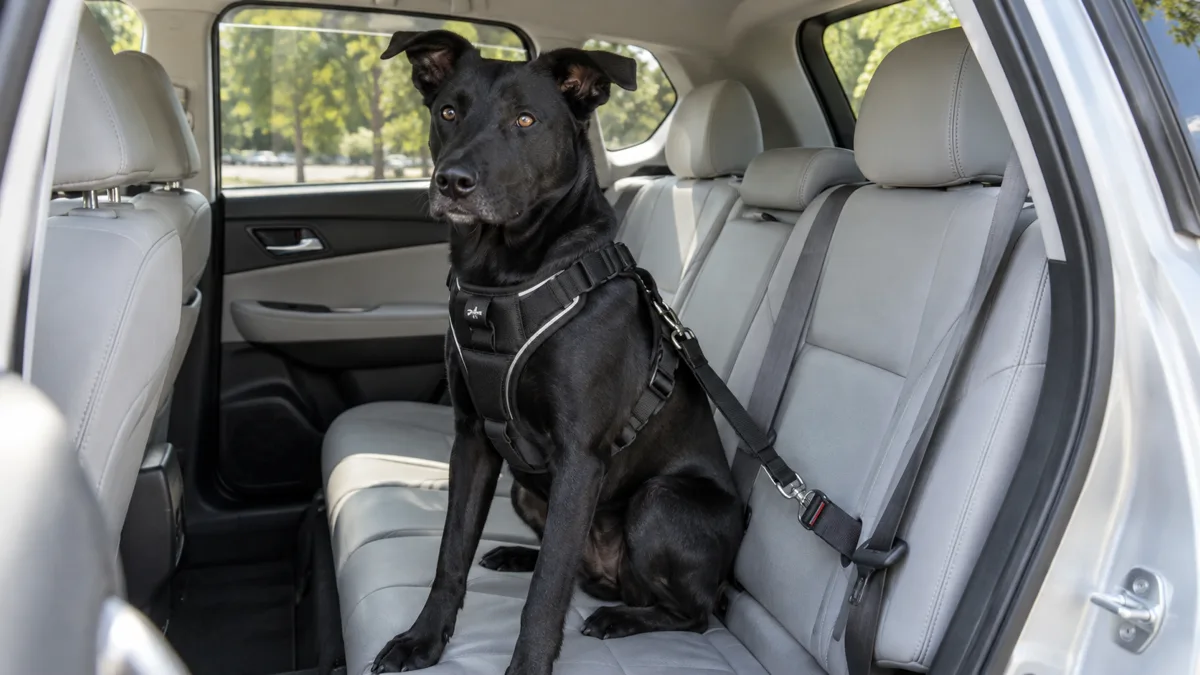 a medium solid-black smooth-coated dog with semi-erect ears sitting calmly in the back seat of a parked light-grey SUV with a crash-tested harness clipped to the seatbelt and bright morning light through the windows