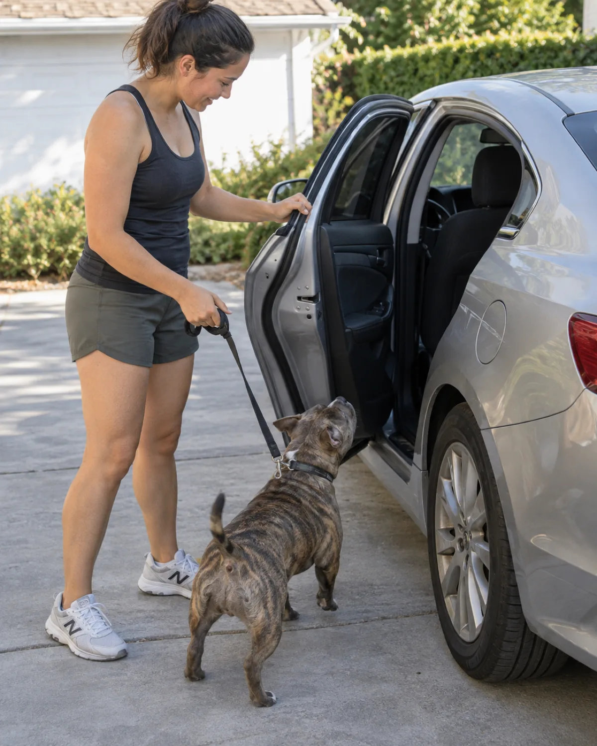 a small compact fawn-brindle short-coated dog with rose ears and a stocky muscular build with the owner opening the rear door of a parked silver sedan for the dog to hop in on a quiet residential driveway in bright morning light