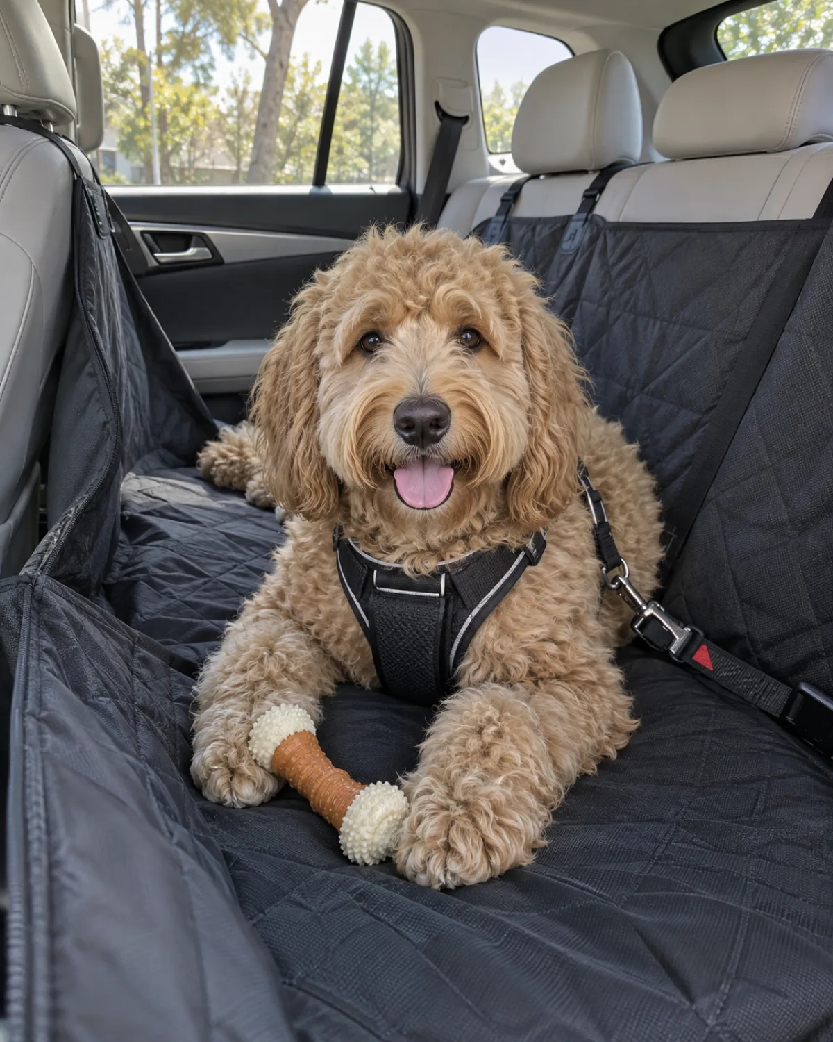 a medium shaggy apricot curly-coated dog with floppy ears lying on a non-slip waterproof backseat hammock cover in a bright SUV interior with a chew toy between paws and seatbelt harness clip visible