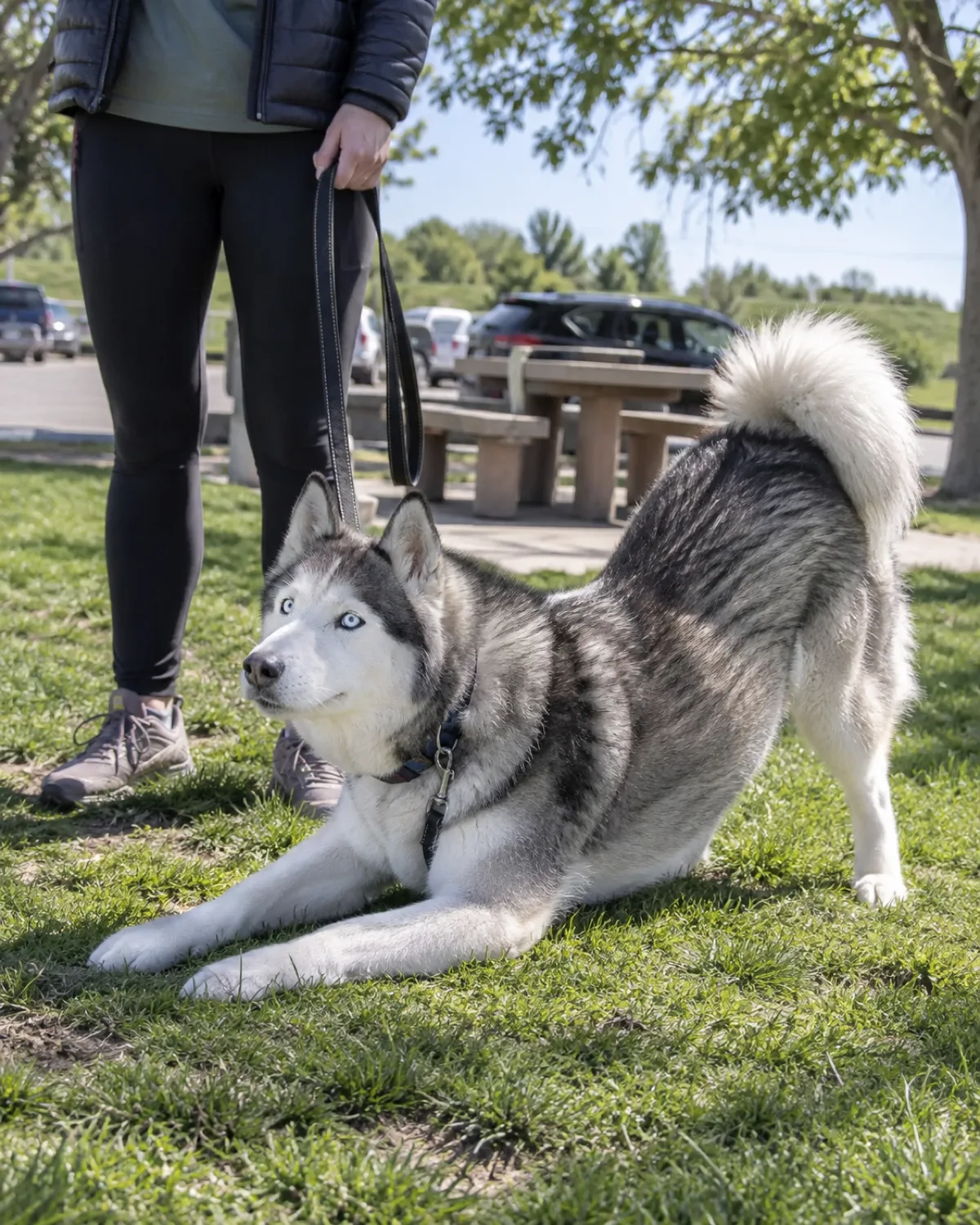 a large grey-and-white thick double-coated dog with erect triangular ears and pale blue eyes standing on grass at a highway rest area stretching in a play bow with a leash draped loosely and owner beside in bright midday light