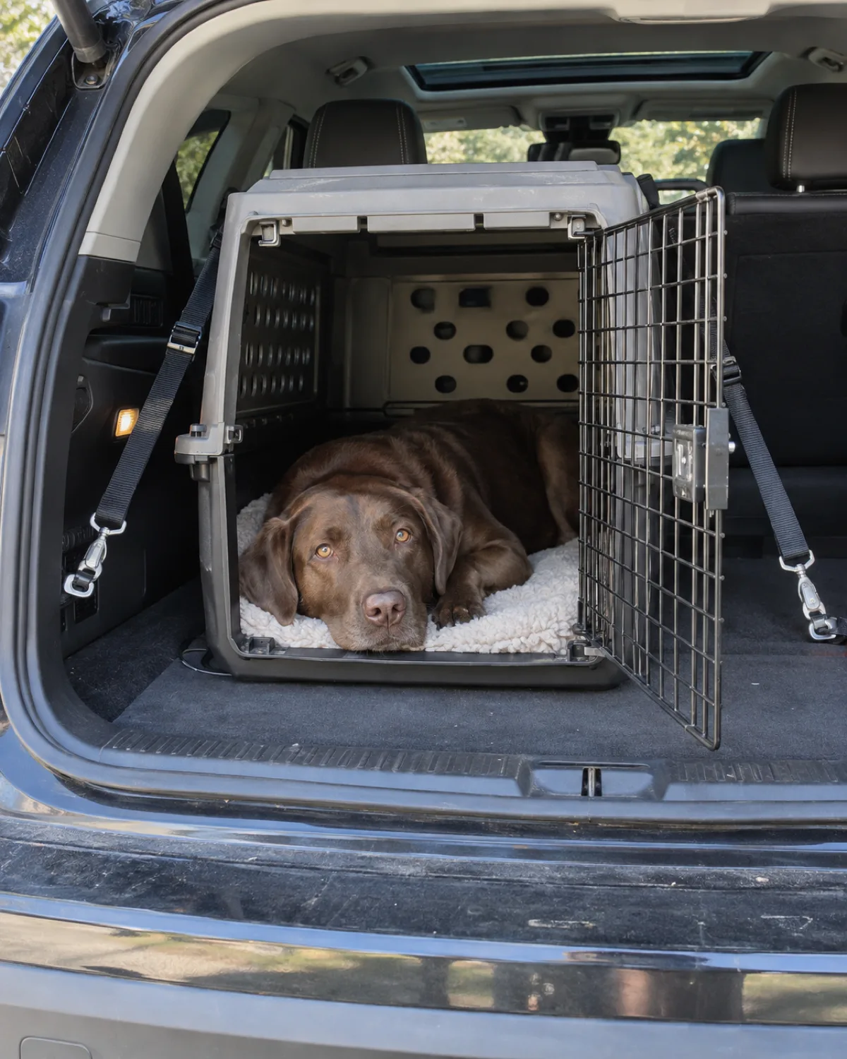 a medium chocolate-brown smooth-coated dog with floppy ears lying calmly inside a secured travel crate in the cargo area of an SUV with the crate door open and the dog resting chin on a fleece pad in bright daylight from the rear hatch