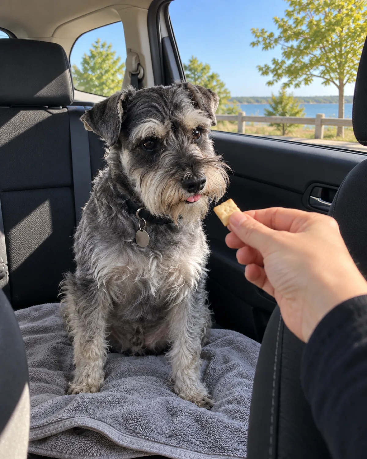 a small wiry salt-and-pepper coated dog with bushy eyebrows and folded V-shaped ears sitting on a folded towel on the car backseat with a subtle lip-lick and window open in bright daylight with the owner offering a small plain cracker from the front seat