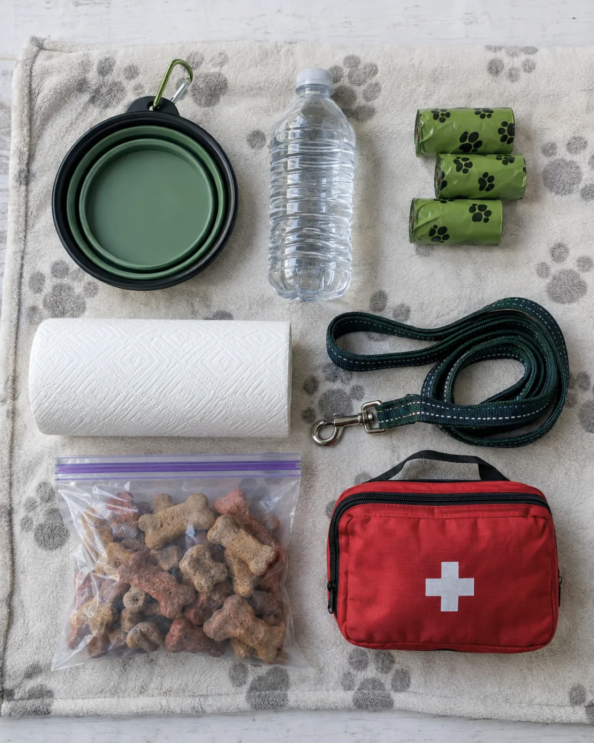 overhead flat lay of a dog car travel kit on a pale blanket with a collapsible water bowl and bottled water and poop bags and paper towels and a leash and treats in a ziplock and a basic first aid pouch in bright natural light with organized grid layout