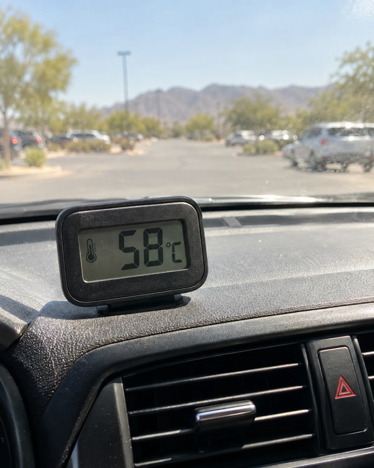 a car dashboard digital thermometer reading high temperature with a blurred parking lot visible through the windshield and no dog inside the car and bright harsh midday sun with heat distortion visible through the glass