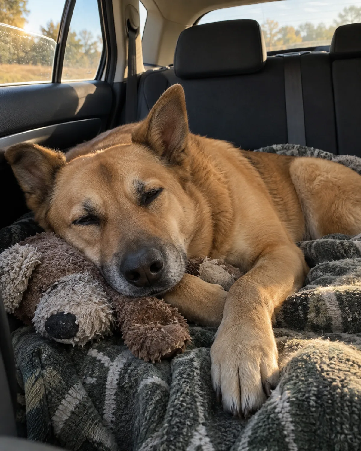 a large tawny-gold short-coated dog with semi-erect ears lying on a familiar blanket in the backseat of a parked car with a worn stuffed toy next to the head and window cracked and soft golden afternoon light and half-closed eyes