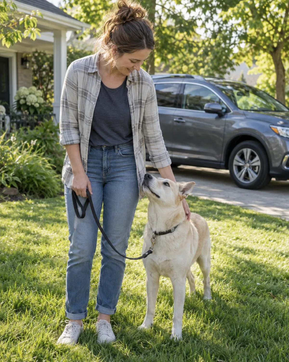 a medium pale cream short-coated dog with semi-erect ears standing in a bright front yard with the car visible in the driveway behind and the dog on leash looking up at the owner calmly in bright morning light