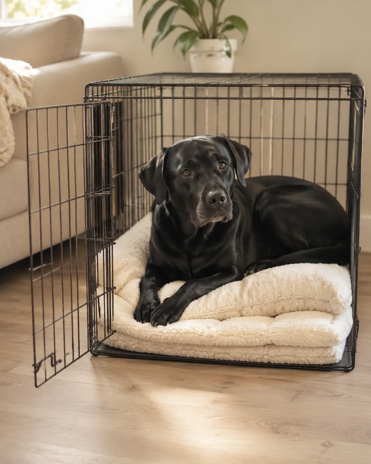a large solid-black short-coated dog with a broad chest floppy ears and gentle eyes curled up inside a wire crate layered with a thick ivory sherpa blanket crate on pale wood floor near a cream sofa warm sidelight from window door open