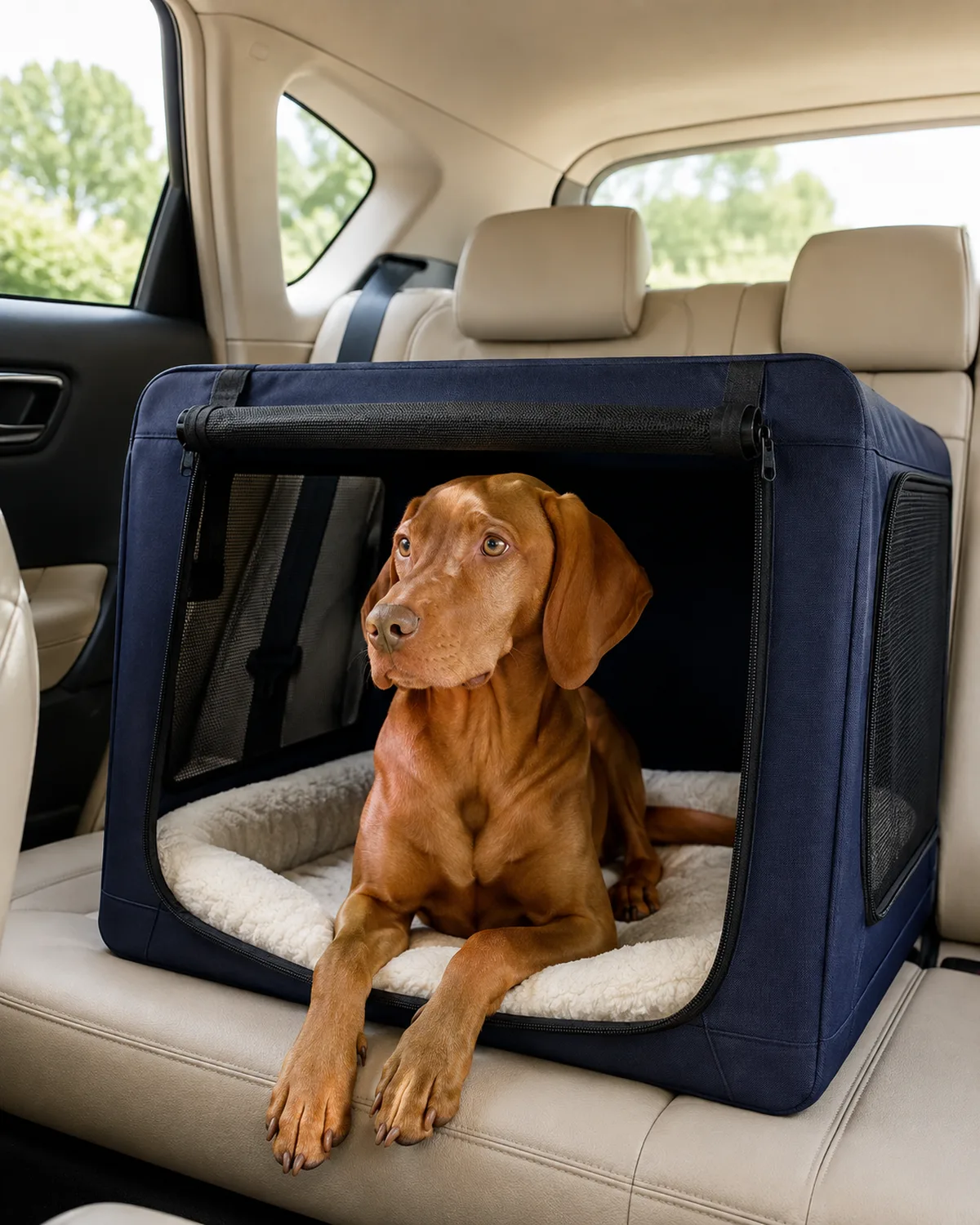 a medium lean dog with a deep red-brown short coat and floppy silky ears sitting inside a navy soft-sided travel crate on the back seat of a car crate mesh window visible soft daylight filtering in cream car interior