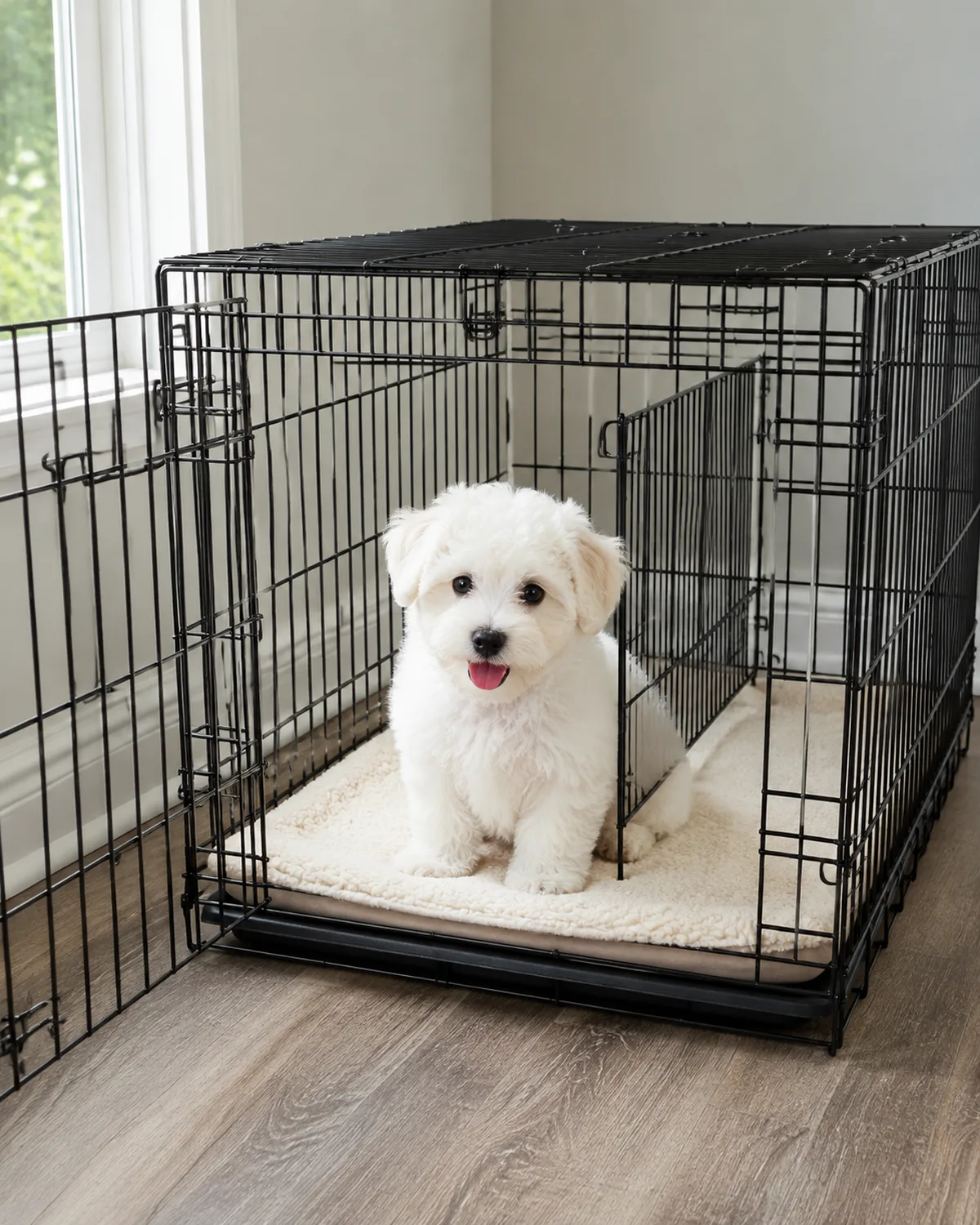 a small fluffy pure-white double-coated puppy with dark round eyes and a pink tongue sitting inside a wire crate with a visible divider panel halfway through cream fleece pad on the floor bright daylight from window pale wall behind crate