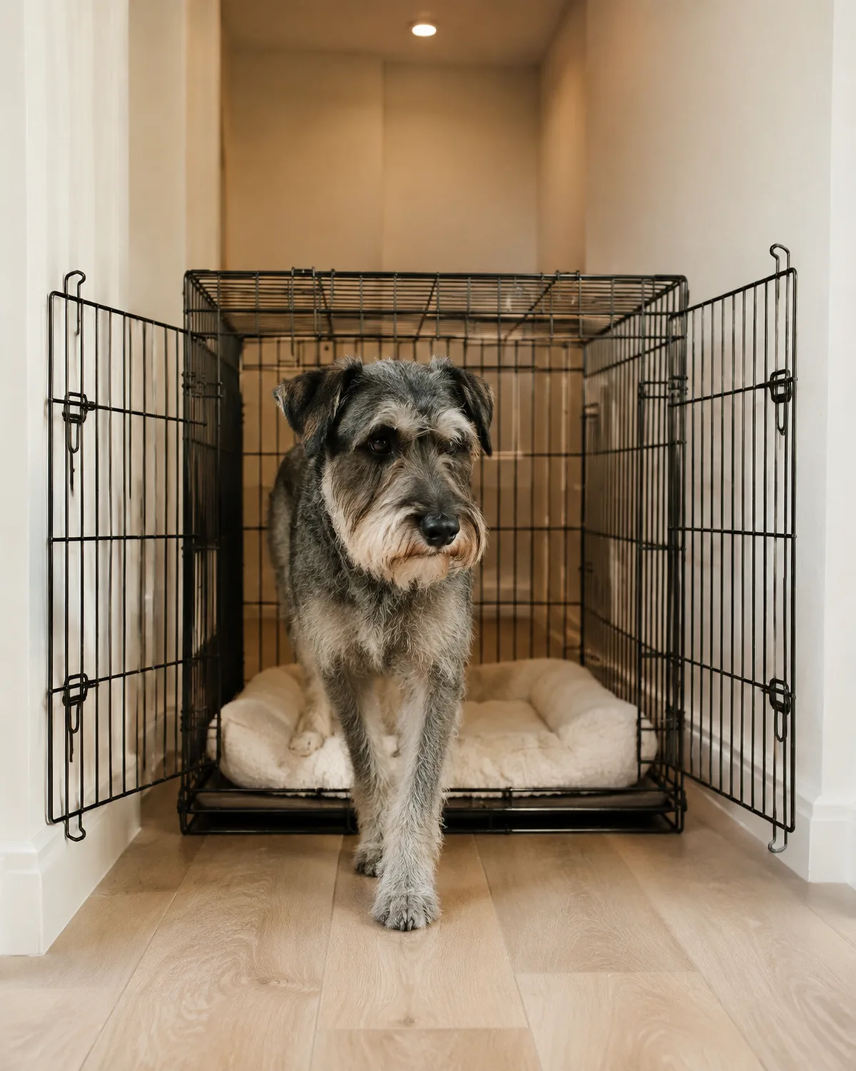 a medium wiry salt-and-pepper rough-coated dog with bushy eyebrows and a beard stepping through the side door of a double-door wire crate in a hallway alcove front door also visible pale wood floor soft overhead light cream wall