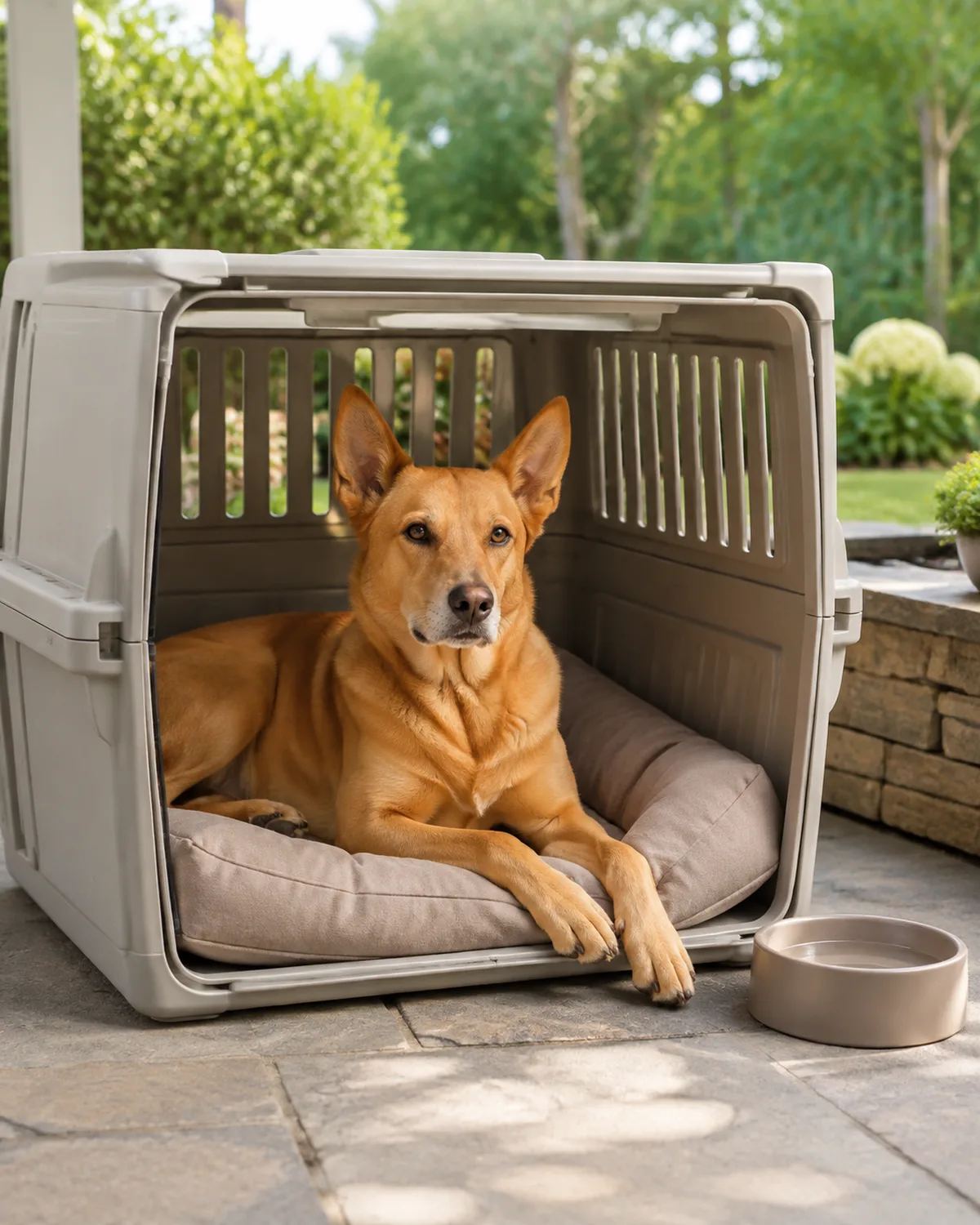 a large golden-tawny smooth-coated dog with a lean build and upright ears resting inside a ventilated plastic crate on a shaded stone patio green garden blurred in background bright daylight water bowl beside the crate