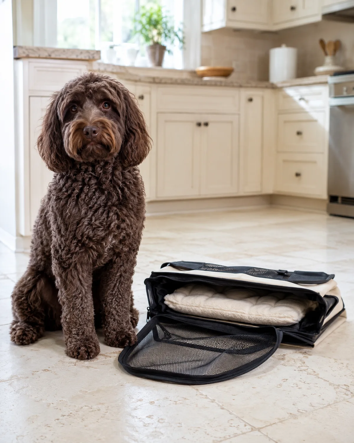 a medium chocolate-brown curly-coated dog with floppy ears and a soft expression sitting beside a collapsible fabric crate that is half-folded flat pale tile floor bright kitchen with cream cabinets in background natural light from window