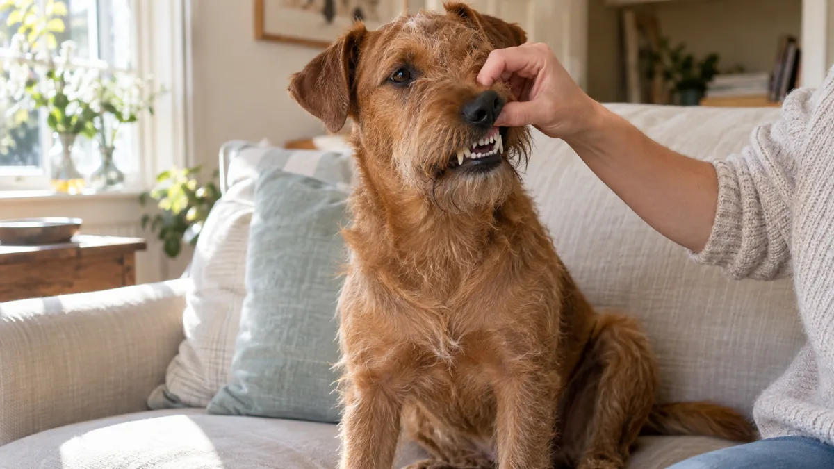 a medium rust-red wiry-coated dog with bushy eyebrows sitting on a cream sofa with mouth slightly open showing clean white teeth while an owner gently lifts the lip on one side in bright natural sidelight