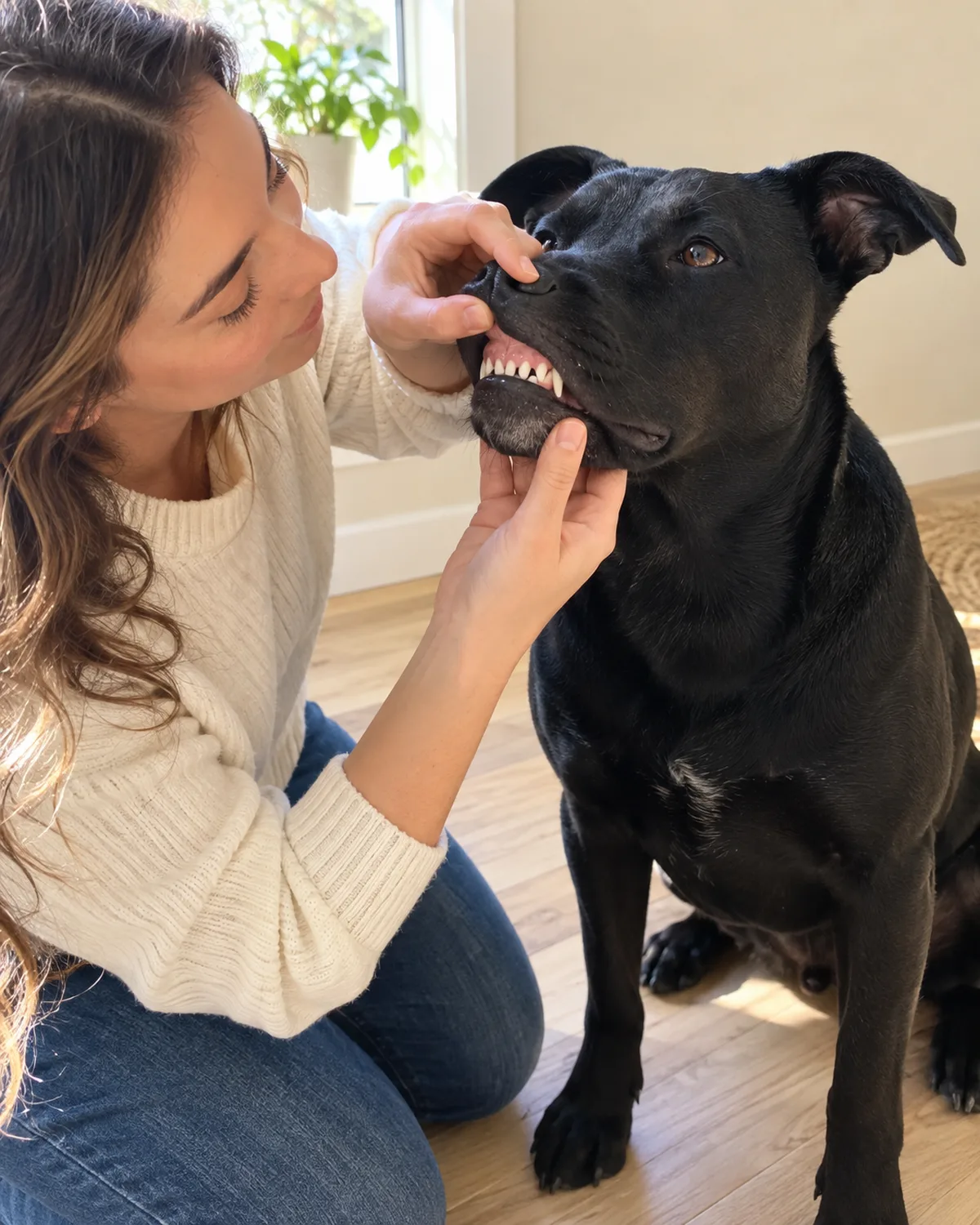 a large solid-black smooth-coated dog with semi-erect ears sitting patiently while an owner kneels on a pale wood floor gently lifting the dog's upper lip to inspect the gum line in bright morning light
