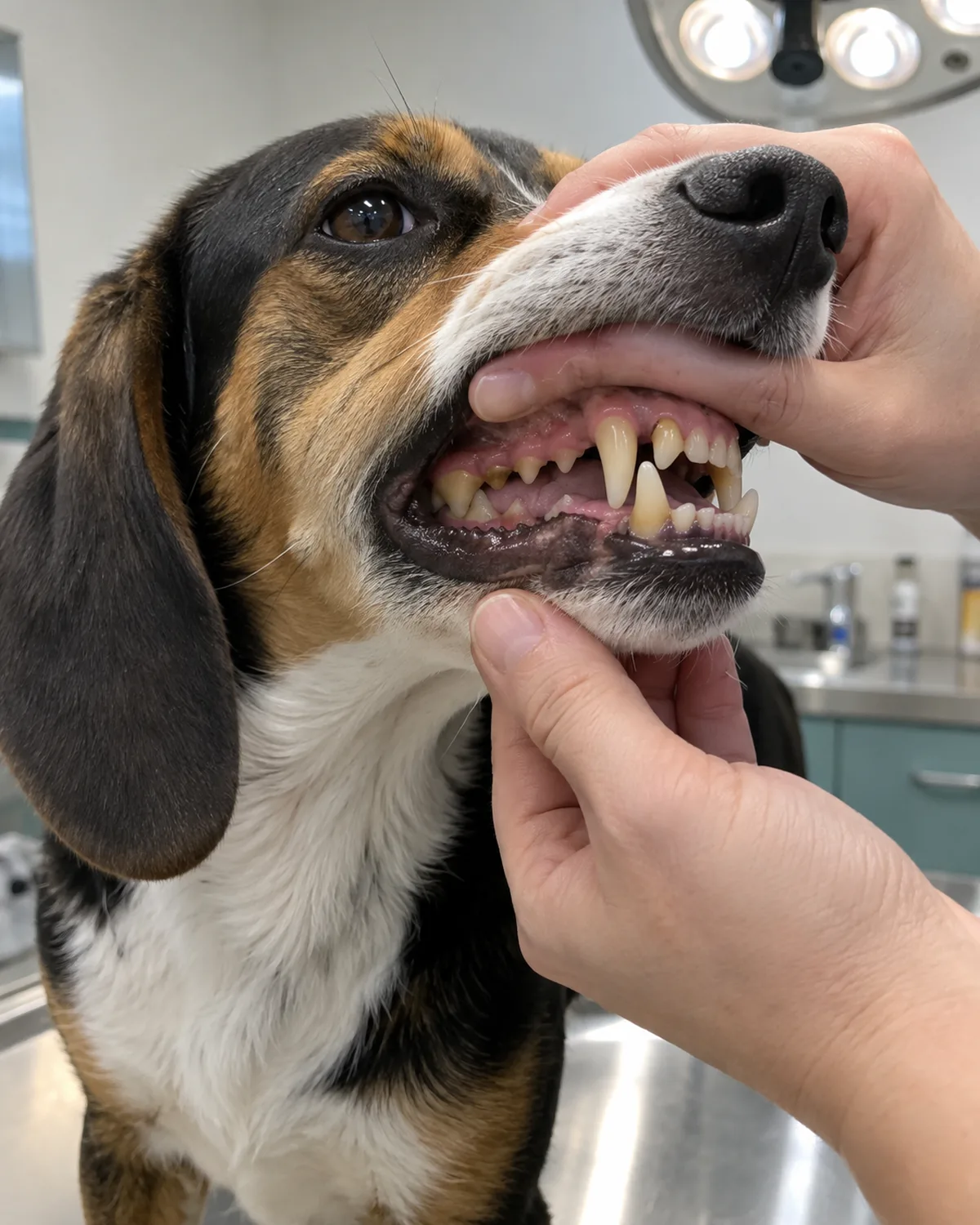 close-up of a medium tricolor short-coated dog with long floppy ears showing slightly yellowed teeth near the gum line with mild tartar buildup during a veterinary exam in bright overhead light