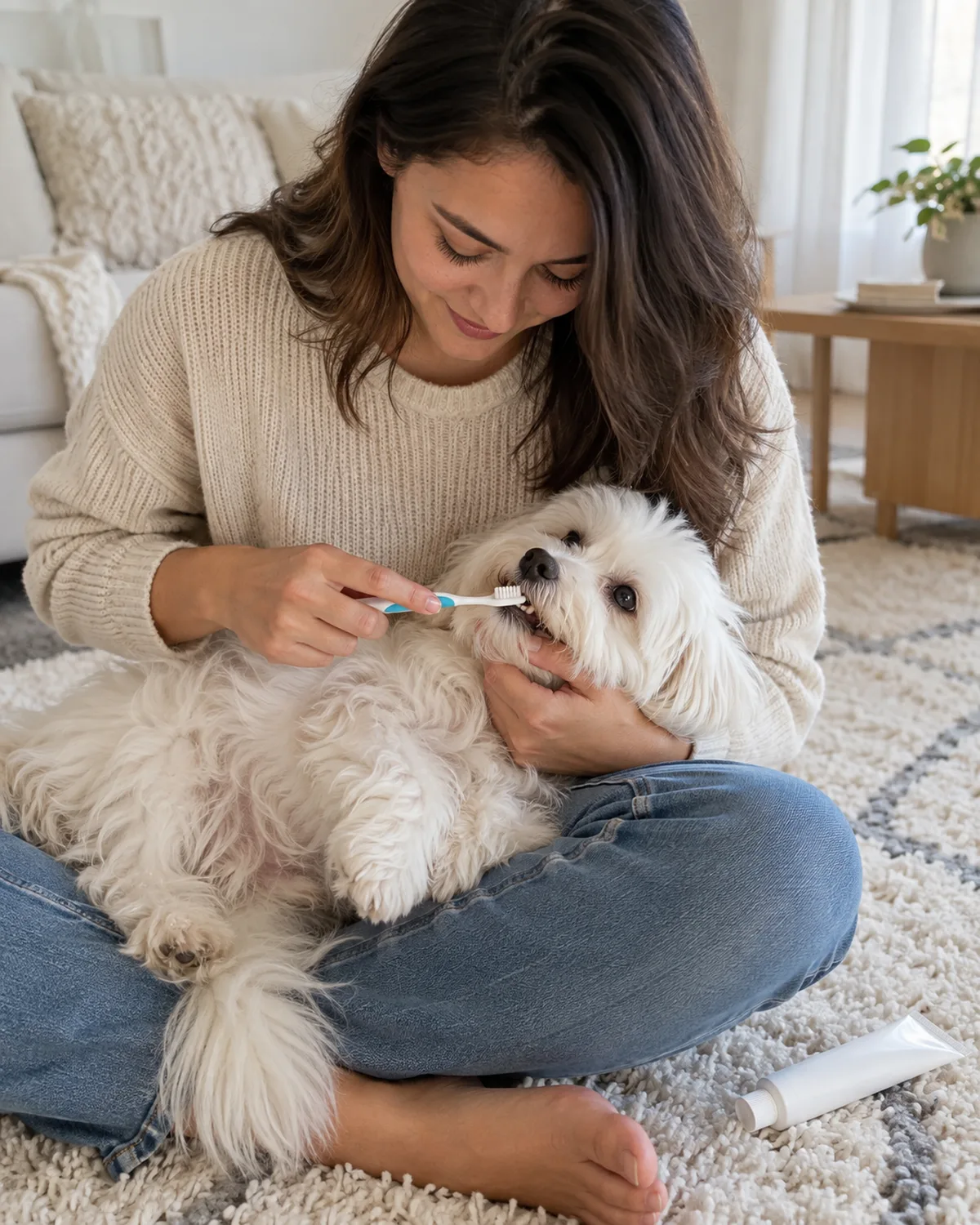 a small fluffy white long-coated dog with a button nose relaxed on its side in an owner's lap while the owner brushes the dog's teeth with a small angled toothbrush on a cream rug in a bright living room