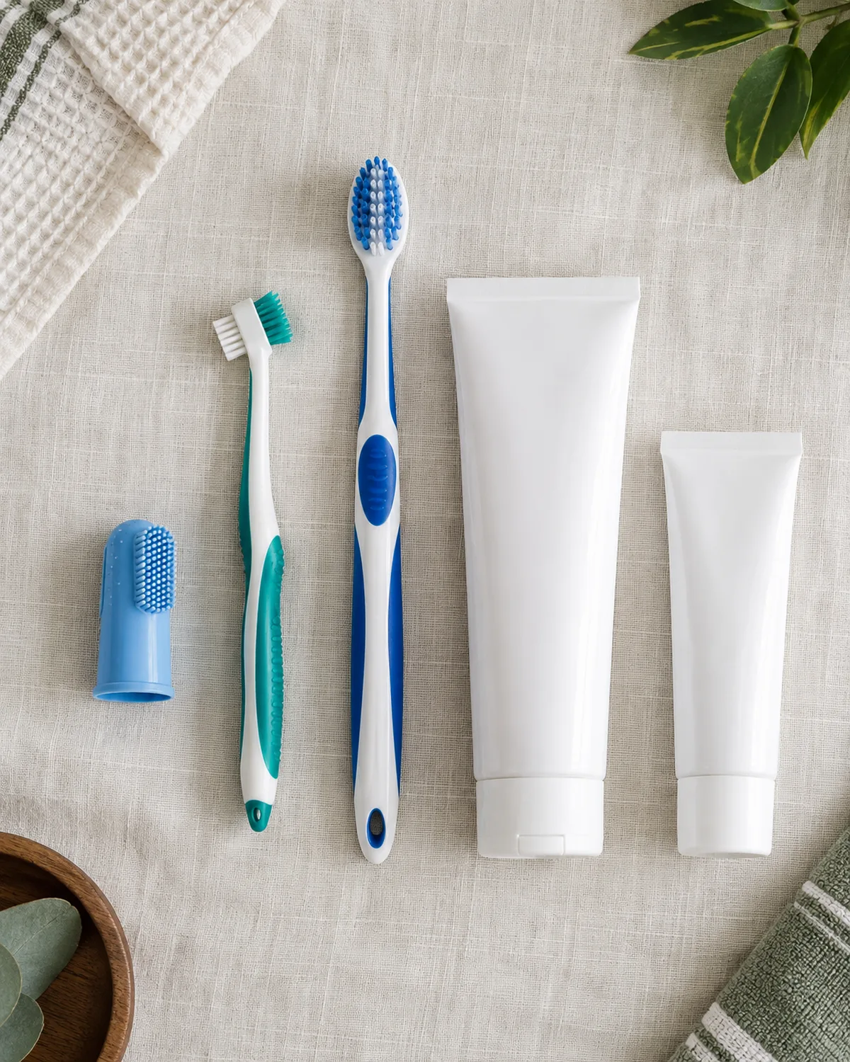 overhead flat lay on pale linen of three dog toothbrush sizes next to two tubes of enzymatic dog toothpaste in bright even natural light