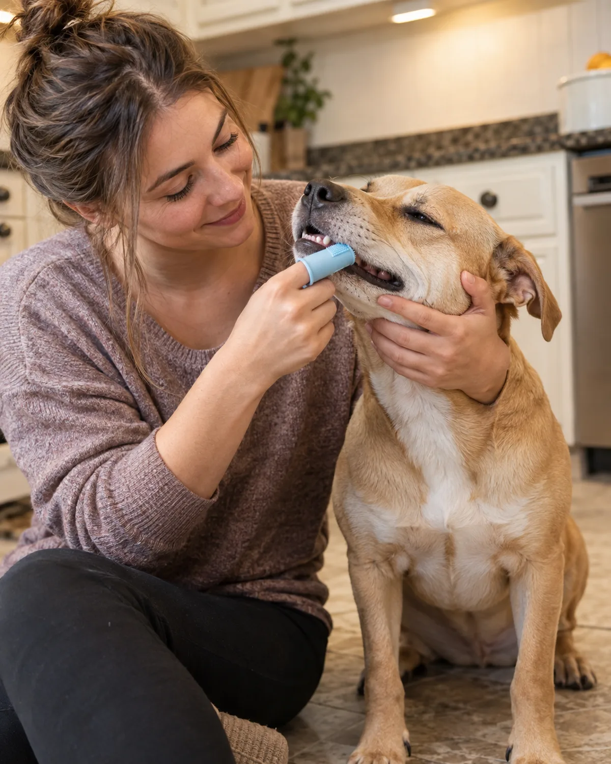 a medium sandy-blonde short-coated dog with rose ears leaning into an owner wearing a silicone finger brush while rubbing the dog's outer teeth on a kitchen floor in bright overhead light