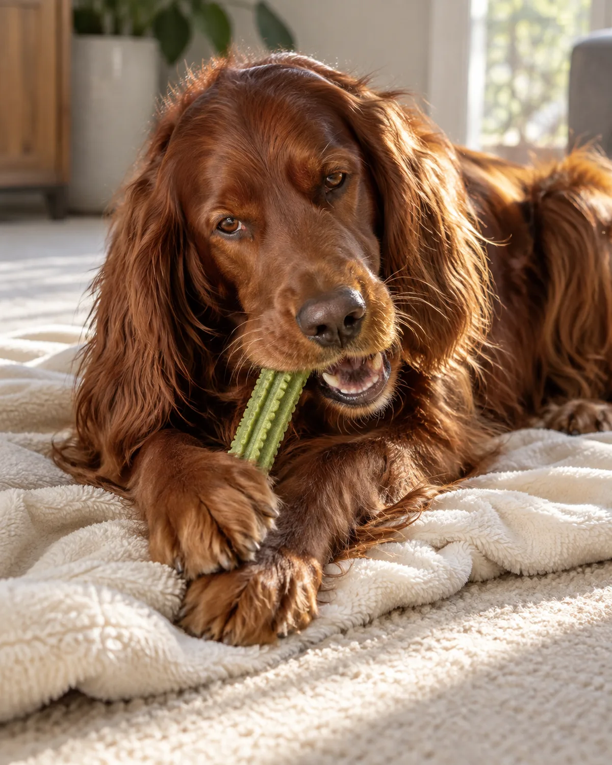 a large deep mahogany-red feathered long-coated dog with floppy silky ears lying on a pale blanket contentedly chewing a textured green dental chew in bright afternoon sidelight