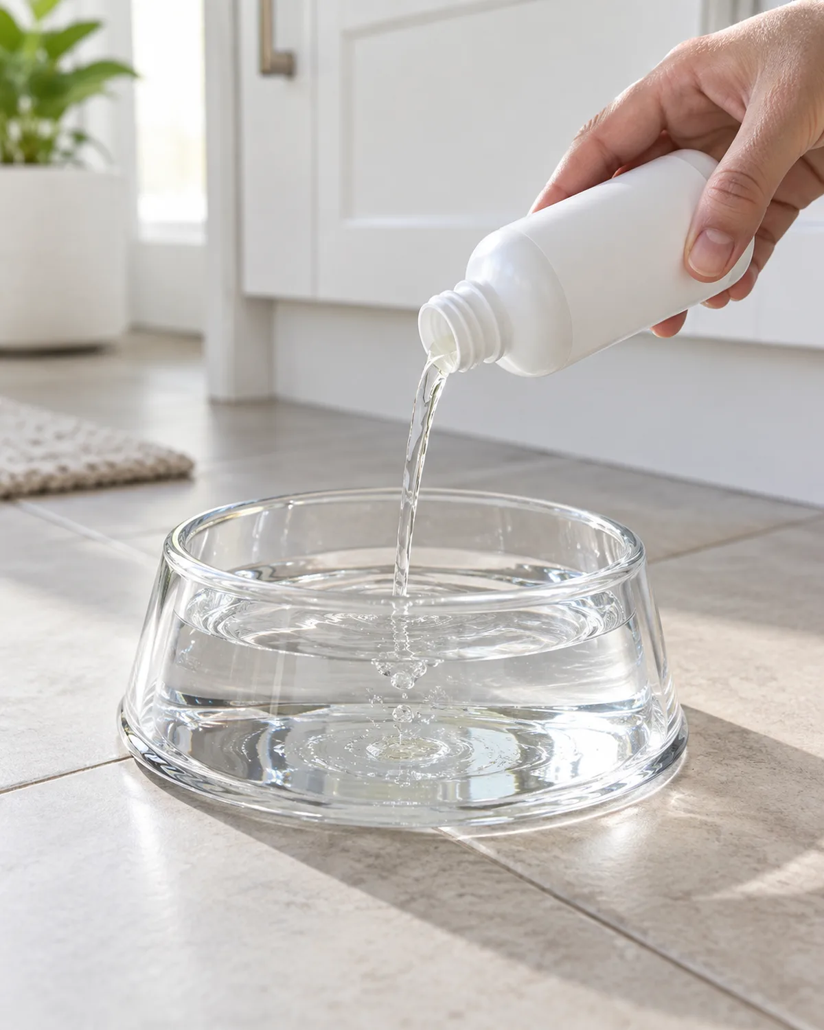 close-up of a clear dog water bowl on a pale tile floor with a small bottle of dental water additive being poured in under bright kitchen light