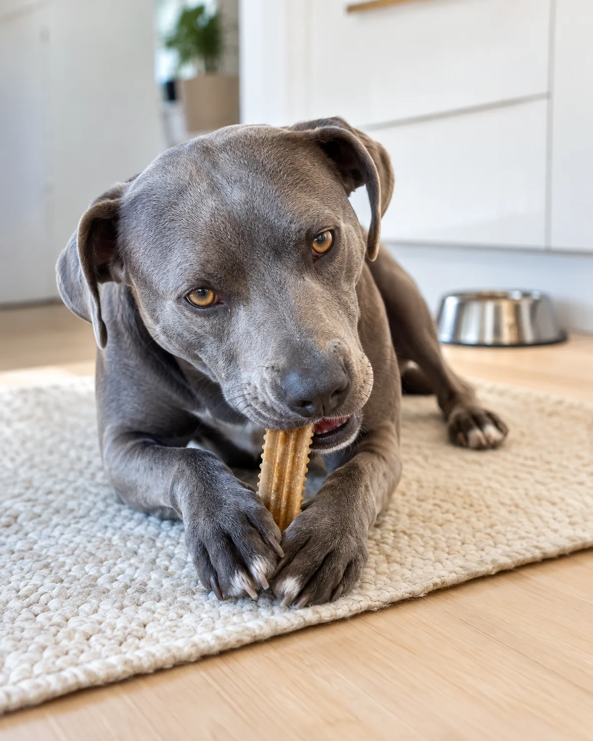 a medium blue-grey smooth-coated dog with amber eyes crunching a ridged dental treat held between front paws on a cream kitchen mat in bright overhead light