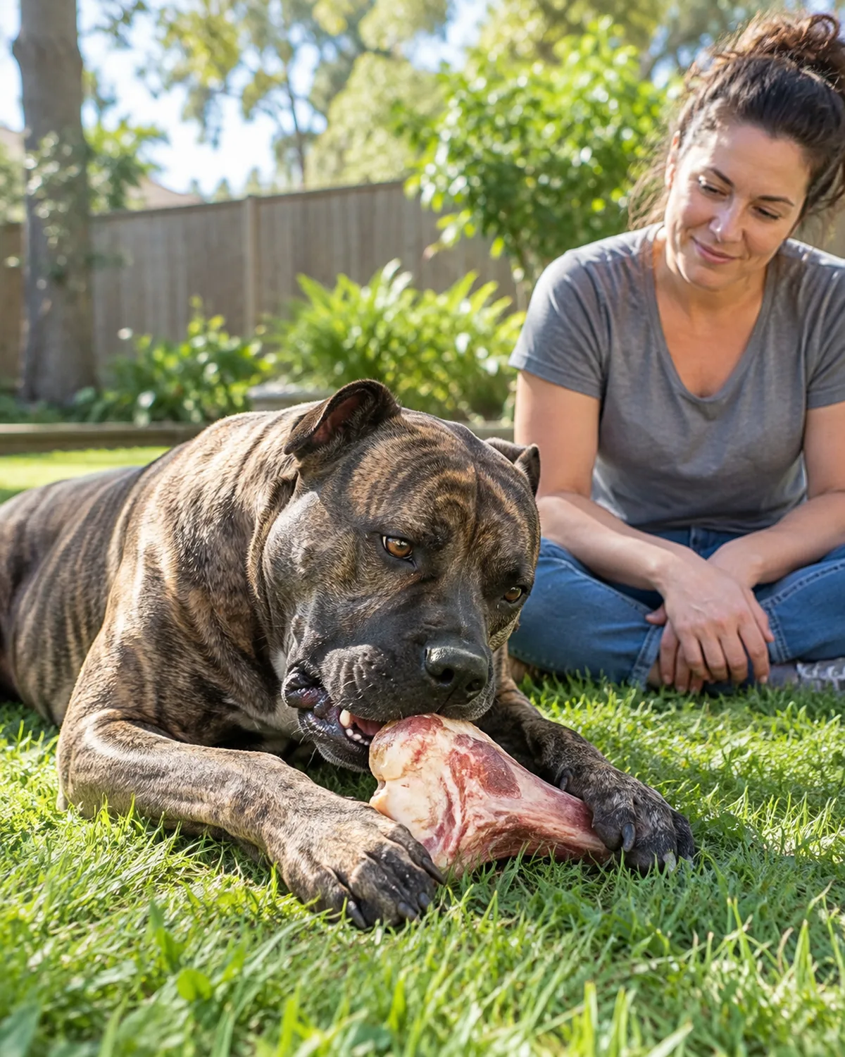 a large brindle short-coated dog with rose ears lying on grass in a sunny backyard chewing a raw beef knuckle bone while an owner sits nearby watching closely