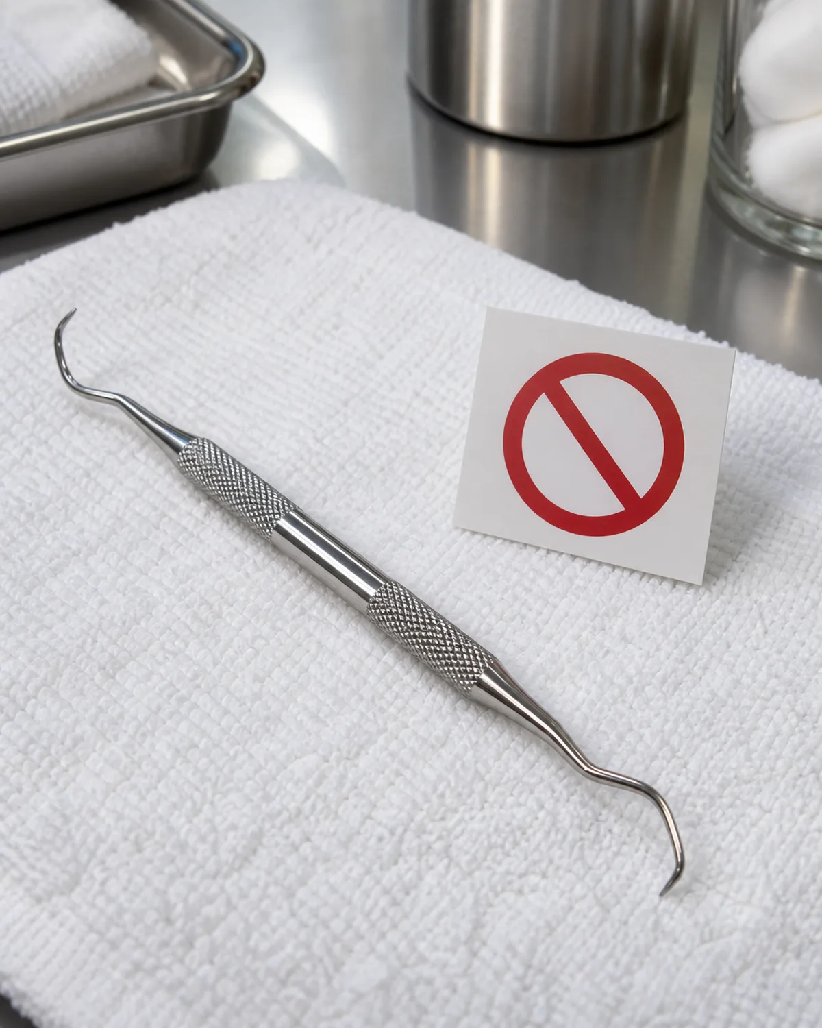 close-up of a stainless steel dental scaler tool lying on a white towel next to a red prohibited symbol in bright clinical light emphasizing this tool is for veterinary professionals only