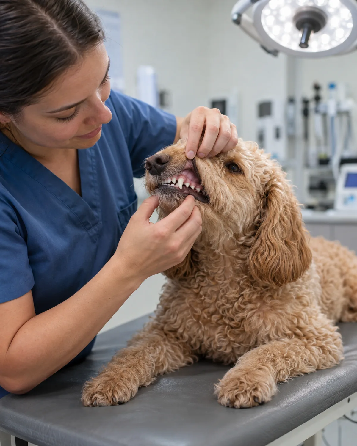 a medium apricot curly-coated dog with floppy ears lying calmly on a padded veterinary exam table while a vet tech in scrubs gently opens the dog's mouth under bright overhead exam light