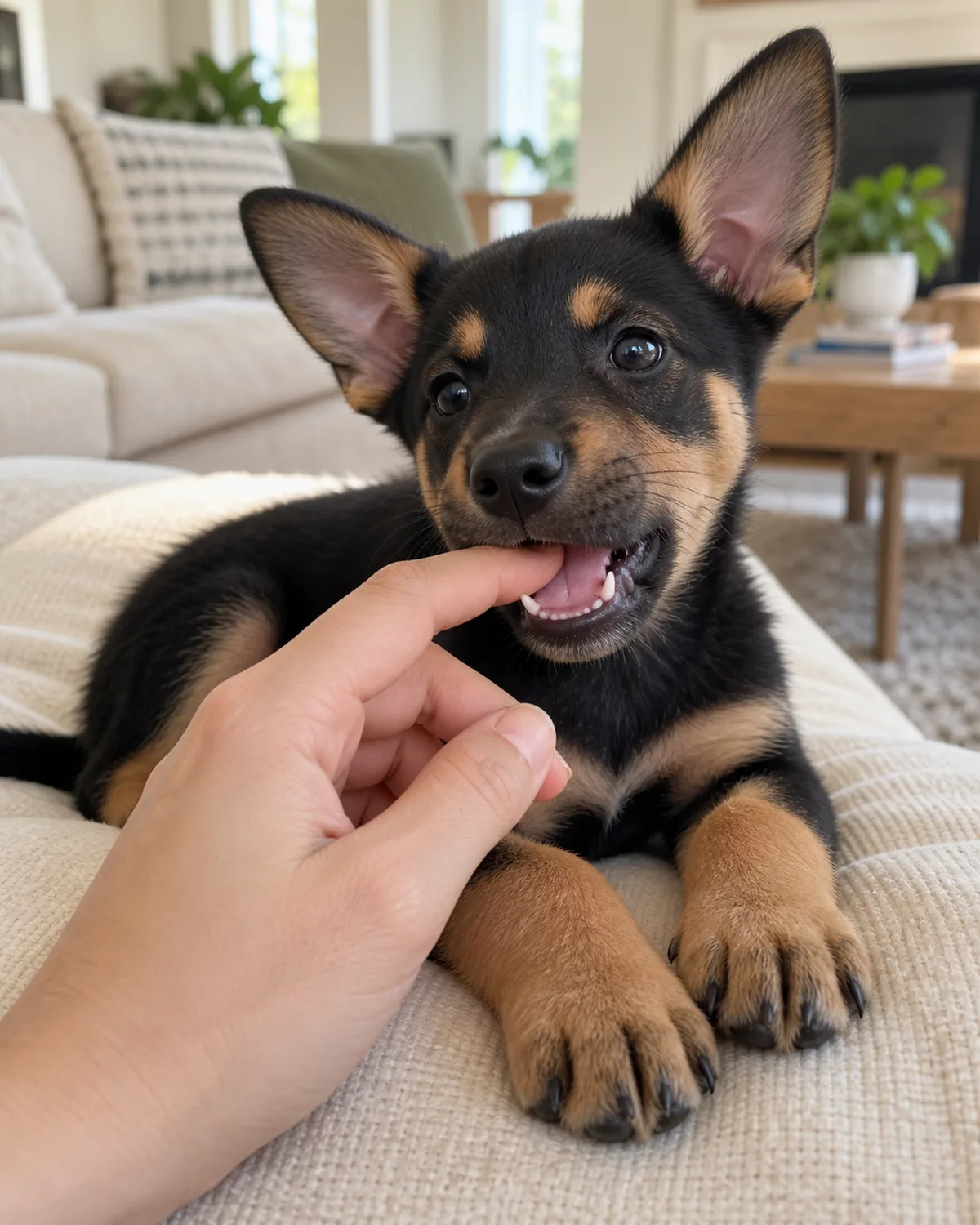 a small black-and-tan smooth-coated puppy with large triangular erect ears on a cream cushion while an owner's finger gently touches the puppy's lower gum as the puppy mouths the finger playfully in soft natural light