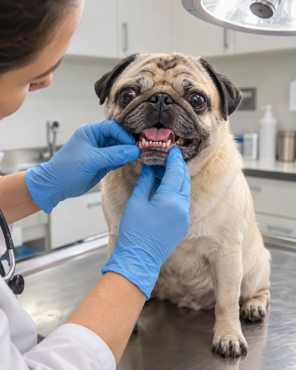 a small compact fawn smooth-coated dog with a flat pushed-in face and wrinkled forehead sitting on an exam table while a vet in blue gloves inspects crowded lower teeth under bright overhead light