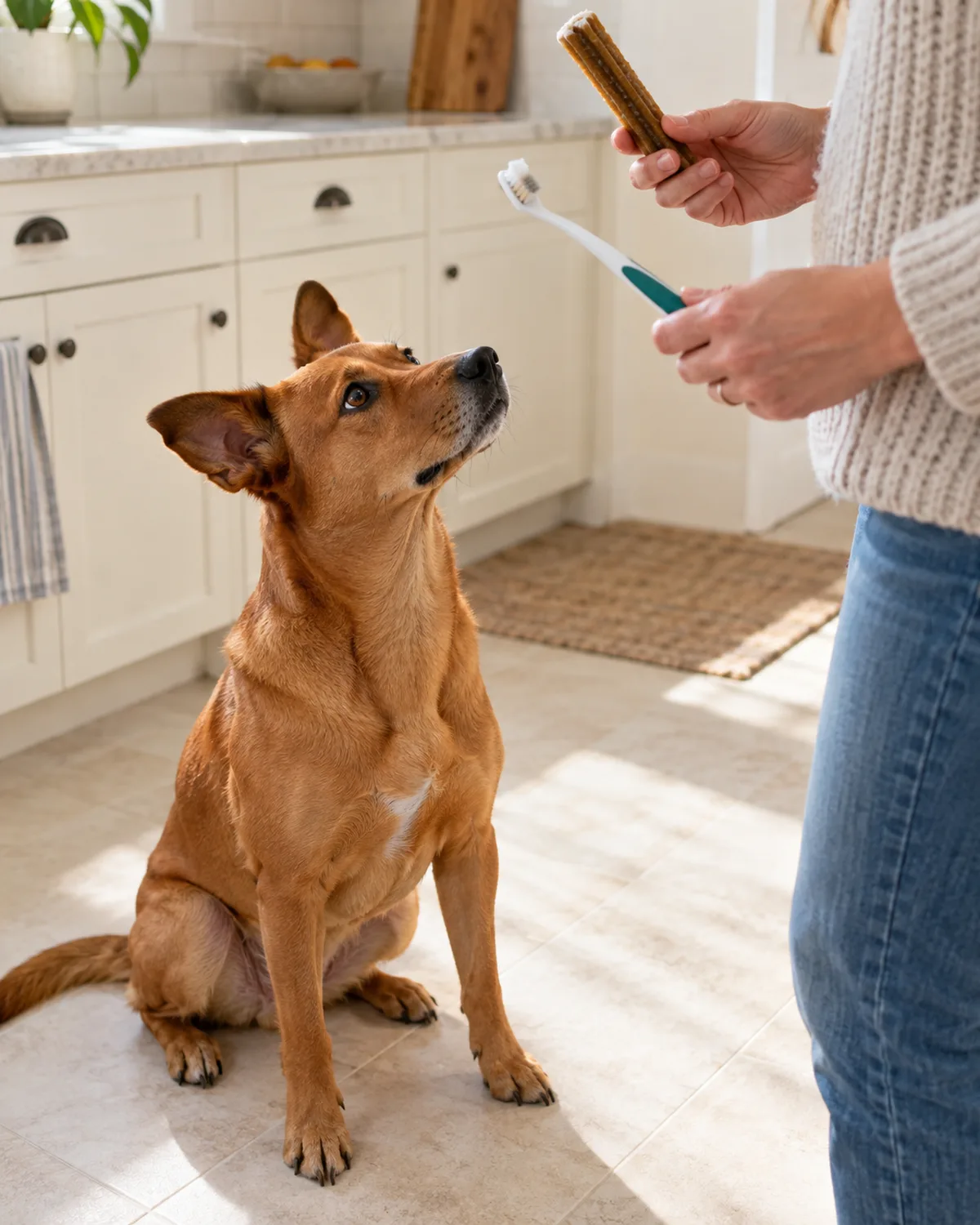 a medium copper-red smooth-coated dog with semi-erect ears sitting on a pale kitchen floor looking up at an owner holding a toothbrush in one hand and a dental chew in the other in bright morning light